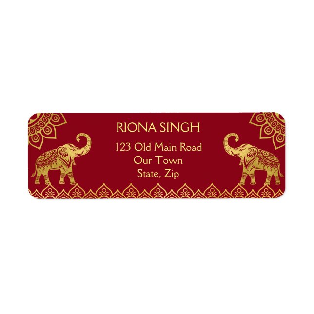 Etiqueta elefantes de oro maroon boda de la India (Frente)