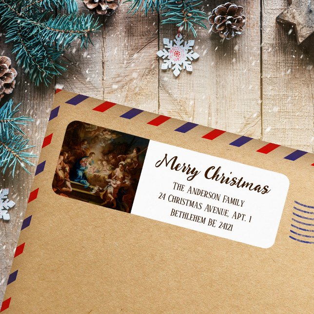 Etiqueta Elegancia barroca navidad navideña (Baroque Religious Christian Catholic Elegant Merry Christmas Nativity Scene Return Address Label)