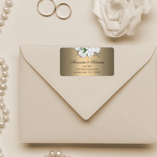 Etiqueta Elegancia dorada y Boda de rosas blancas (Subido por el creador)
