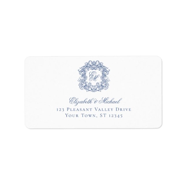 Etiqueta Elegant Blue Monogram Crest Wedding Address (Frente)