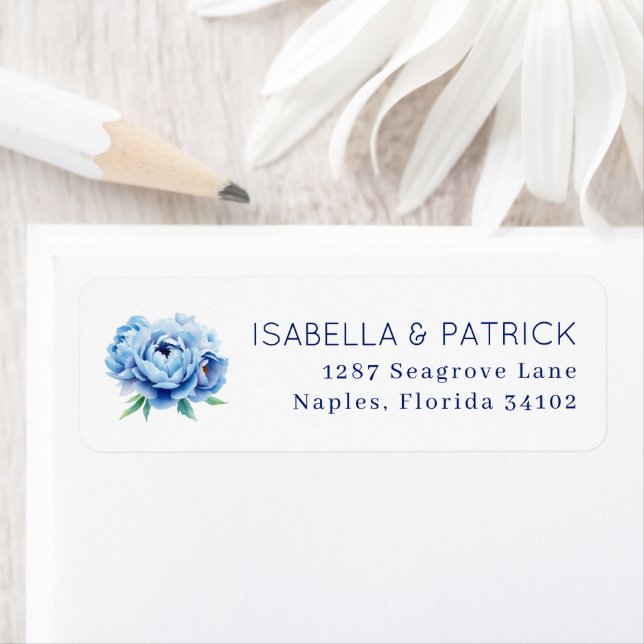 Etiqueta Elegant Blue Peony Wedding Address Label (In situ)