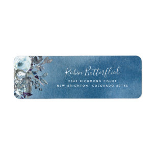 Etiqueta Elegant Blue Watercolor with Floral Return Address