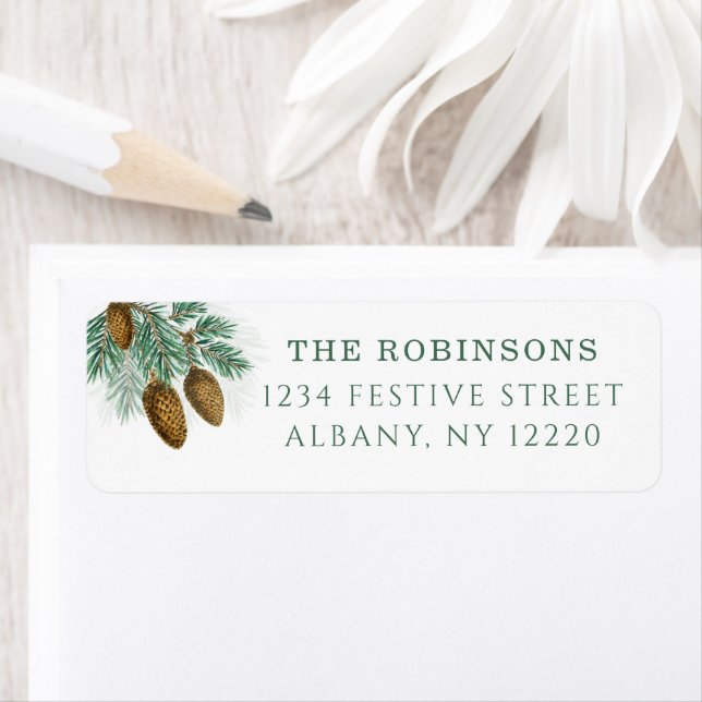 Etiqueta Elegant green pine branches with  pinecones (In situ)