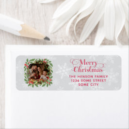 Etiqueta Elegant Holly Wreath Merry Christmas Photo Address