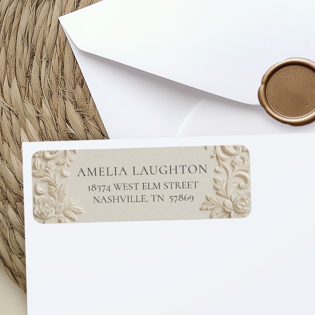 Etiqueta Elegant Ivory Embossed Wedding (Elegant Baroque Ivory Wedding Return Address Label)