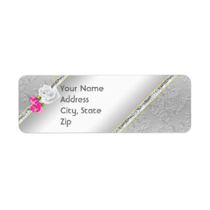 Etiqueta Elegant Silver Damask and Pink Rose Address Label