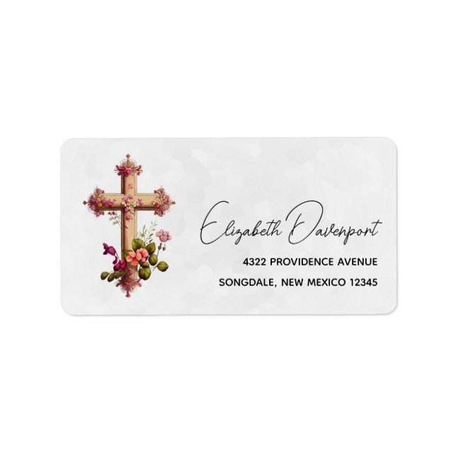 Etiqueta Elegant Wooden Cross with Pink Flowers (Frente)