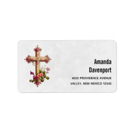 Etiqueta Elegant Wooden Cross with Pink Flowers