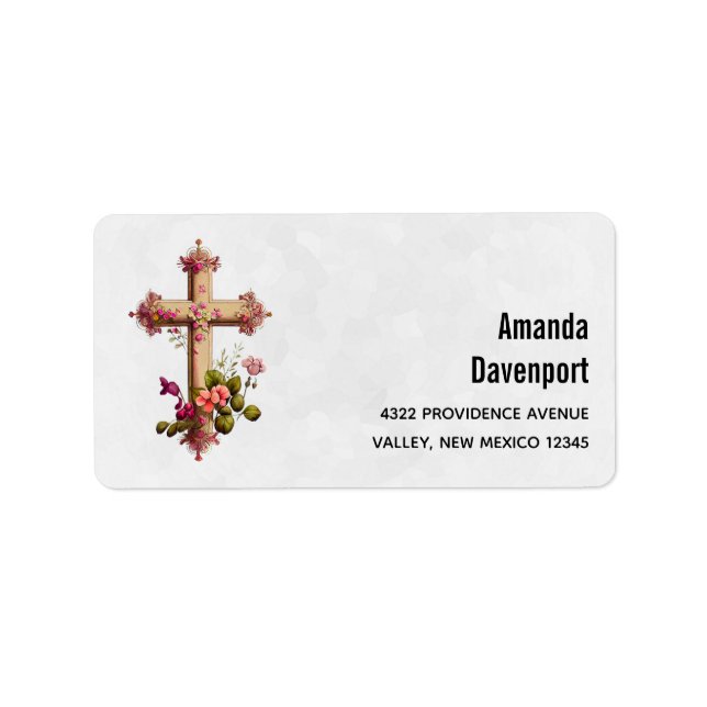 Etiqueta Elegant Wooden Cross with Pink Flowers (Frente)