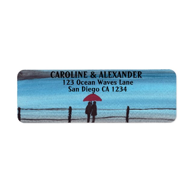 Etiqueta Elegante acuarela Boda de Paraguas Rojos (Frente)