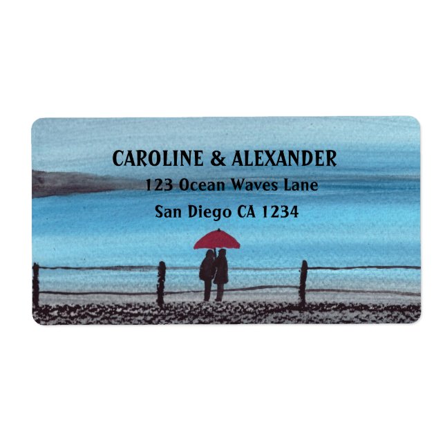 Etiqueta Elegante acuarela Boda de Paraguas Rojos (Frente)