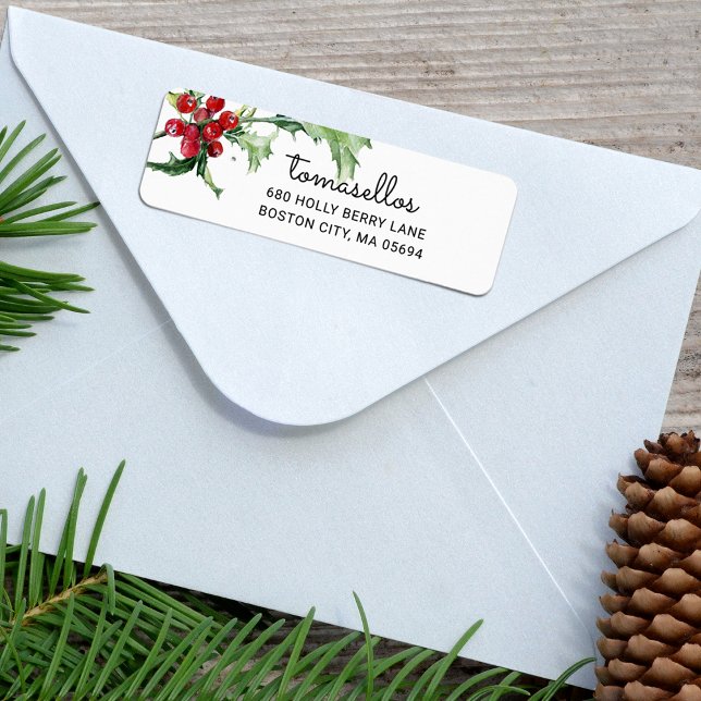 Etiqueta Elegante acuarela Holly Berries Dirección de retor (Elegant Watercolor Holly Berries Return Address Label)