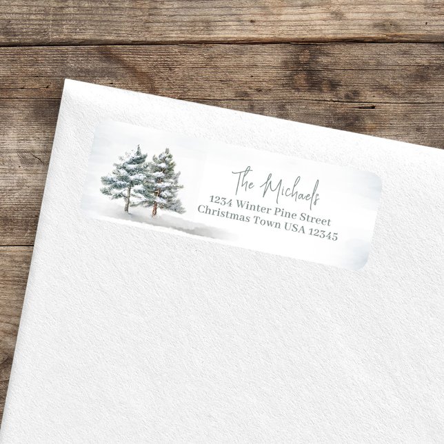 Etiqueta Elegante acuarela Pine Trees dirección de retorno (Winter woodland return address label. )