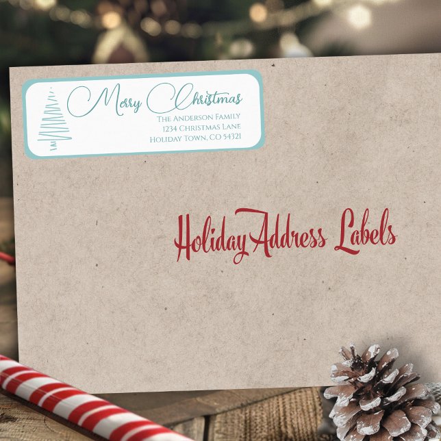 Etiqueta Elegante árbol de navidad azul y blanco (Elegant Blue And White Merry Christmas Tree Label)