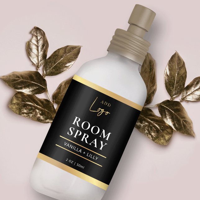 Etiqueta Elegante Black & Gold Moderno Room Mist Spray Labe (Modern black & gold room mist bottle label design with space for your logo)