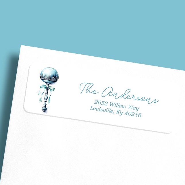 Etiqueta Elegante Blue Baby Rattle Boy Dirección de Baby Sh (Subido por el creador)