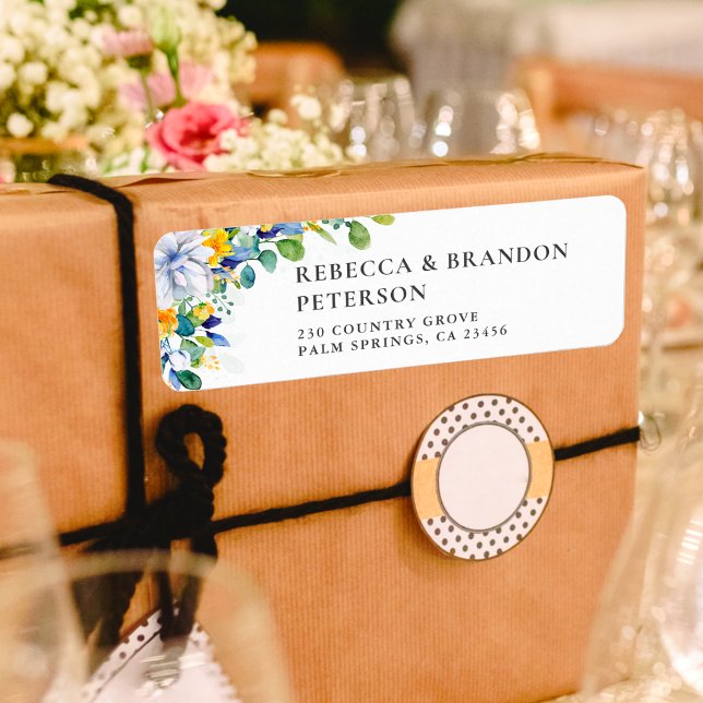 Etiqueta Elegante boda azul blanco amarillo floral (Subido por el creador)