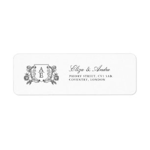 Etiqueta Elegante Boda de Escudo de hoja de monograma blanc