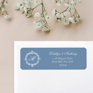Etiqueta Elegante Boda de Monograma con Toile Azul Vintage