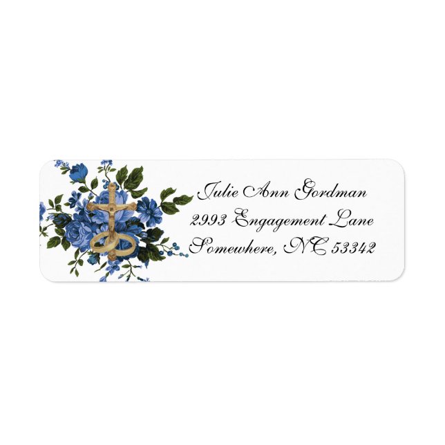 Etiqueta Elegante Boda de Rosas azules católicos (Frente)