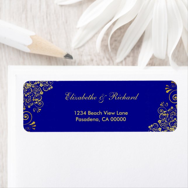 Etiqueta Elegante boda de Swirls Blue Gold (In situ)