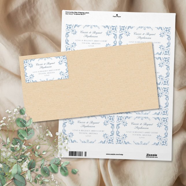 Etiqueta Elegante Boda fronterizo de Chinoiserie azul y bla (elegant blue and white return address labels with decorative border and chinoiserie vintage design)