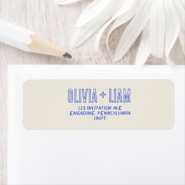 Etiqueta Elegante Boda Retro Funky De Mano Azul Escrito (In situ)