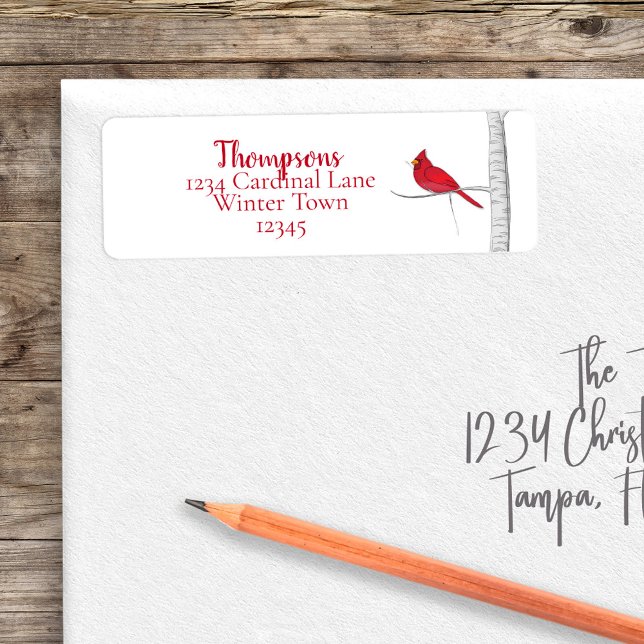 Etiqueta Elegante cardenal de invierno Navidades de vacacio (Simple winter red cardinal in a birch tree woodland theme return address label. )