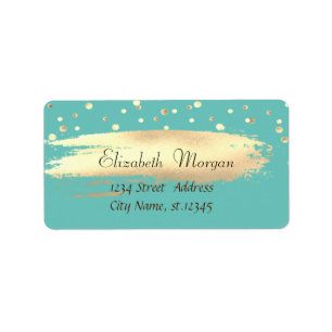 Etiqueta Elegante Chic Azul Teal, Confeti Dorado, Pincelada
