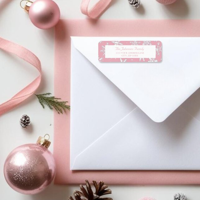 Etiqueta Elegante copos de nieve rosado regreso de invierno (Elegant Pink Snowflakes Holiday winter return Label)