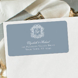 Etiqueta Elegante Cresta Monograma Azul Polvoriento Direcci