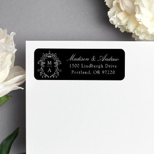 Etiqueta Elegante Cresta Monograma Negro Dirección de Boda