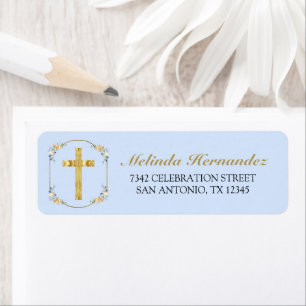 Etiqueta Elegante Cruz de Oro Azul Floral 1ª Santa Comunión