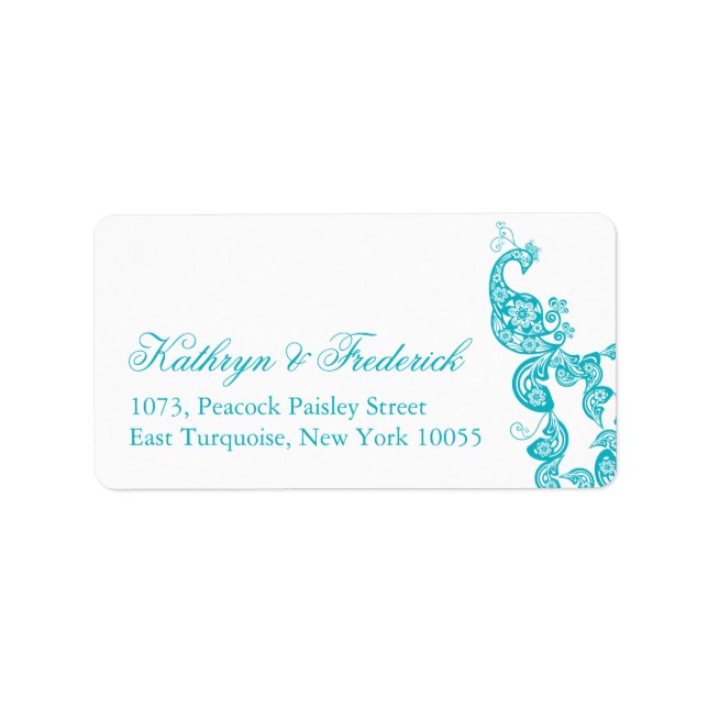 Etiqueta Elegante dirección Boda Turquesa Paisley Peacock (Frente)