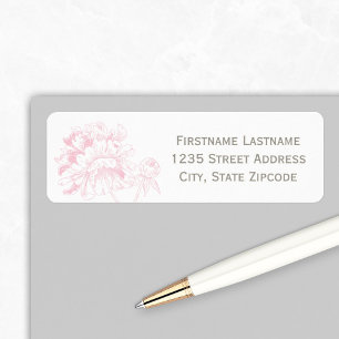 Etiqueta Elegante Dirección de Boda con Flor de Peonía Rosa