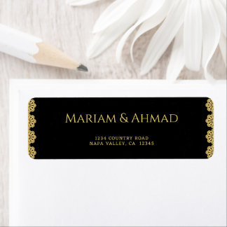 Etiqueta Elegante dirección de Boda Ornamental Oro y Negro