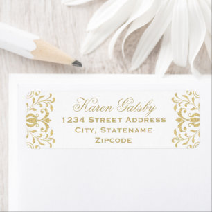 Etiqueta Elegante dirección de damasco blanco y dorado vint
