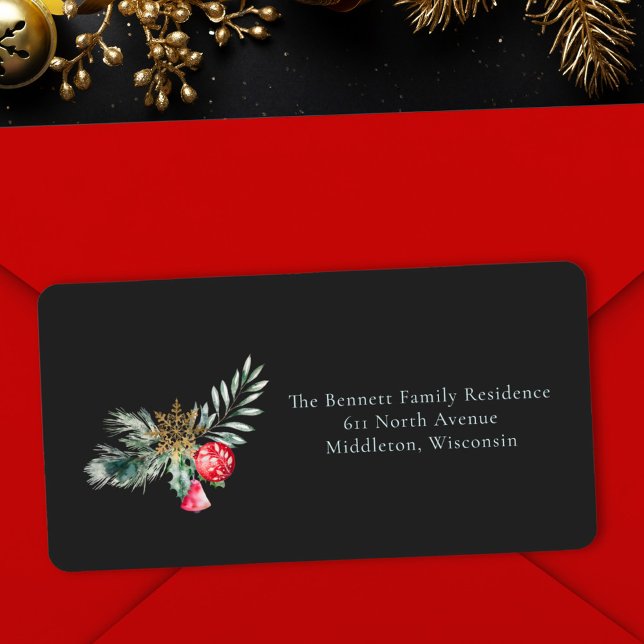 Etiqueta Elegante Dirección de Navidad con Acuarela Negra (Subido por el creador)