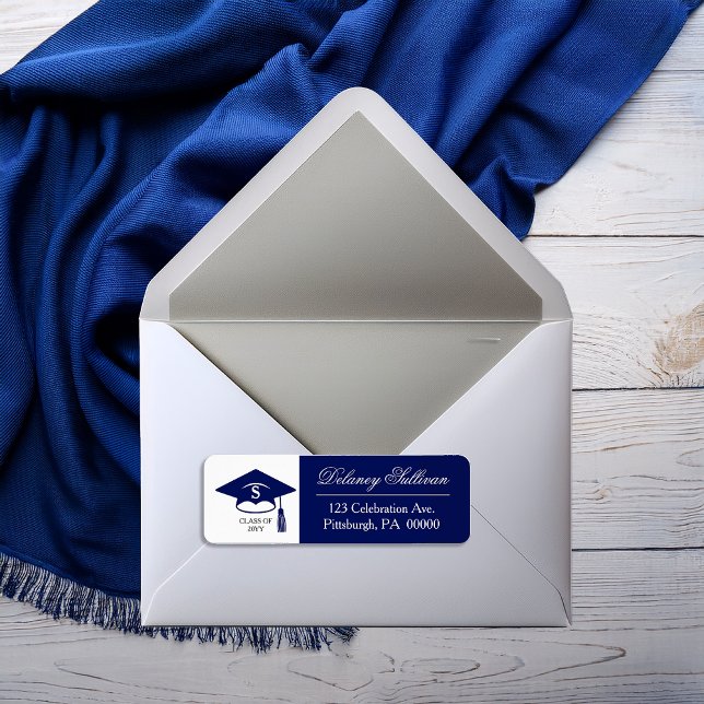 Etiqueta Elegante dirección de retorno de graduación de Blu (Elegant Blue and Silver Tone  College | University Graduation Monogram Return Address Label)
