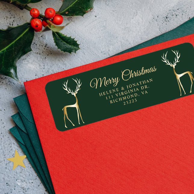Etiqueta Elegante dirección de retorno de renos de Navidade (Elegant Gold Christmas Reindeer Return Address Label)