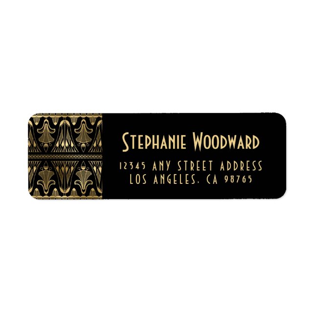 Etiqueta Elegante dirección Gold Art Deco Floral Black Retu (Frente)
