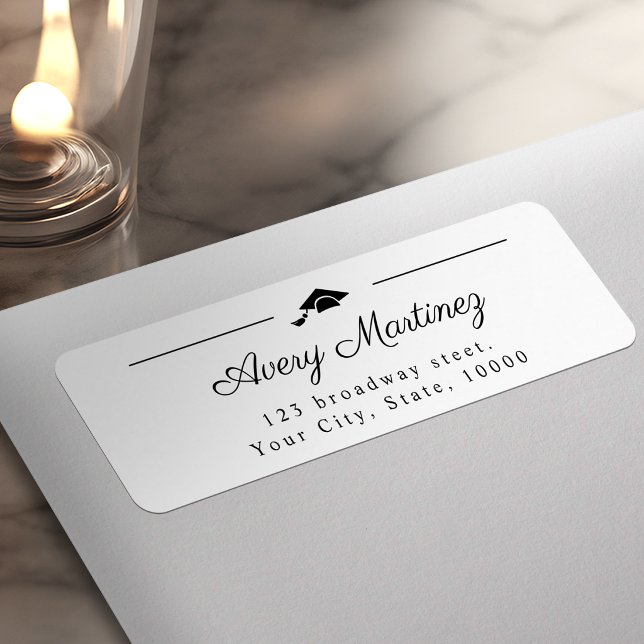 Etiqueta Elegante escritura Grad gorra dirección de devoluc (Elegant Script Grad cap return Address Label)