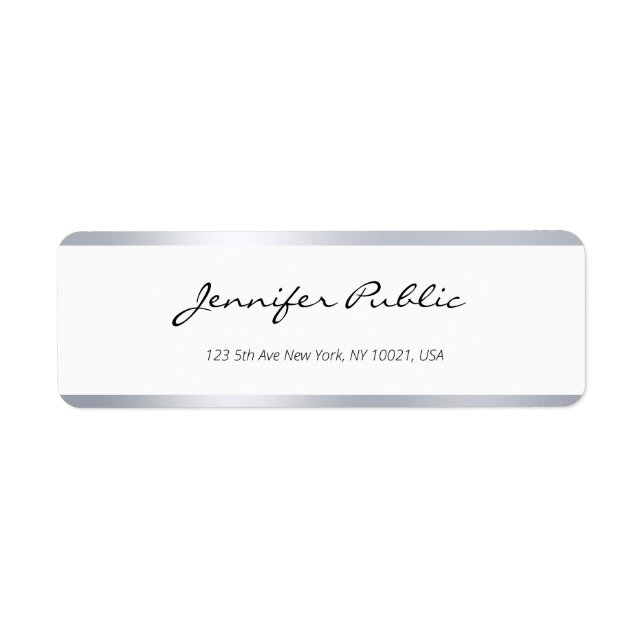 Etiqueta Elegante estilo moderno plateado manuscrito blanco (Frente)