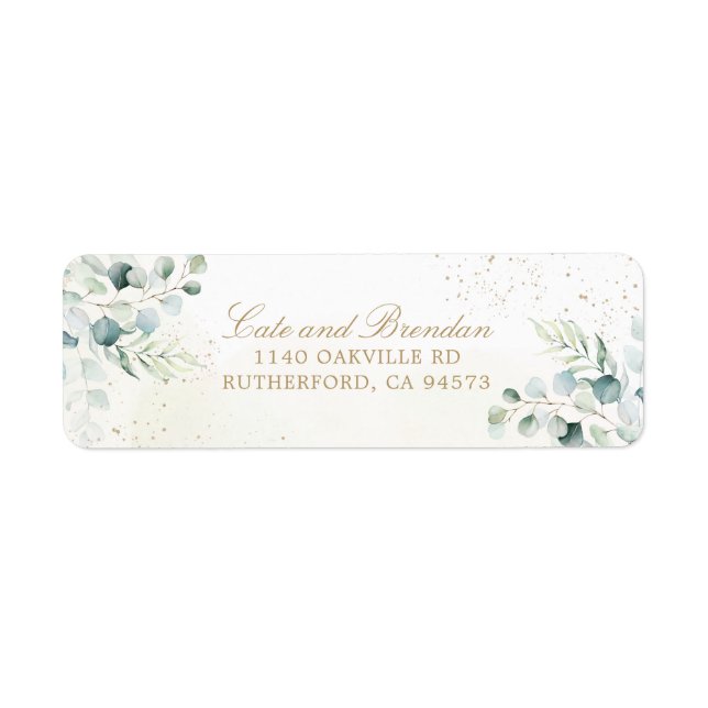 Etiqueta Elegante Eucalyptus Greenery Gold Boda (Frente)
