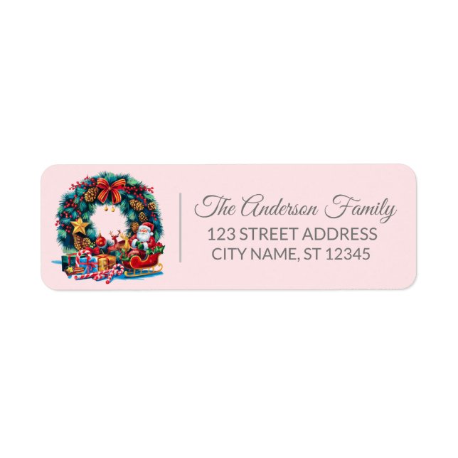Etiqueta Elegante Feliz Navidad Holly Wreath Pink (Frente)