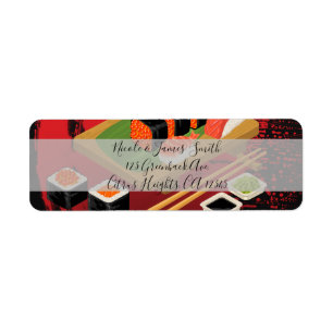 Etiqueta Elegante Fiesta de Sushi Moderno y Chic Negro y Ro