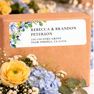 Etiqueta Elegante floral amarillo y azul boda acuarela