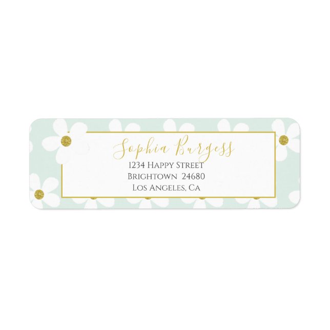 Etiqueta Elegante Floral Blanca Verde Sencillo Daisy Gold (Frente)