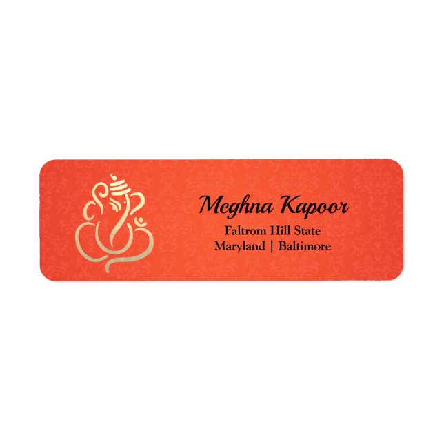 Etiqueta Elegante Ganesh Oro / Dios Naranja Damask (Frente)
