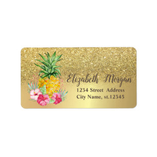 Etiqueta Elegante Glitter Dorado Ombre Piña Hibisco